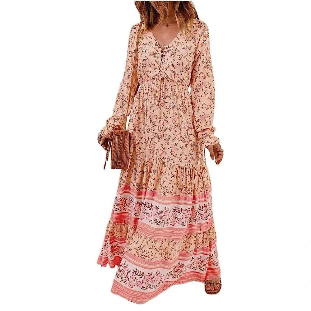 Floral Maxi Dress in Pink and Cream - Picture 1 of 14